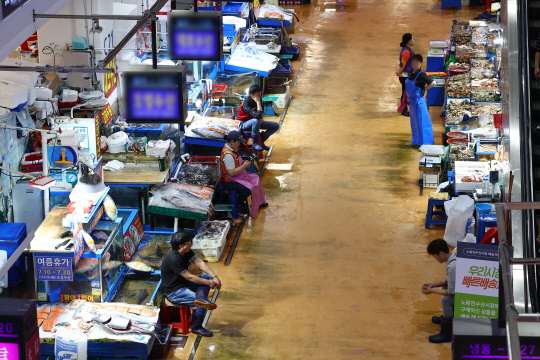 국제원자력기구(IAEA)가 후쿠시마 오염수 해양 방류 계획이 국제안전기준에 부합한다는 보고서를 발표한 다음날인 5일 오후 서울 동작구 노량진수산시장 모습. 비교적 한산한 모습에 상인들이 손님을 기다리고 있다. 연합뉴스.